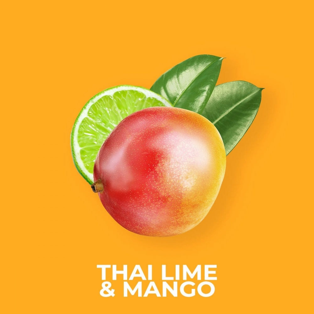 Thai lime & mango duftolje. En rødgul mango, en grønn limeskive og to grønne blader på oransje bakgrunn